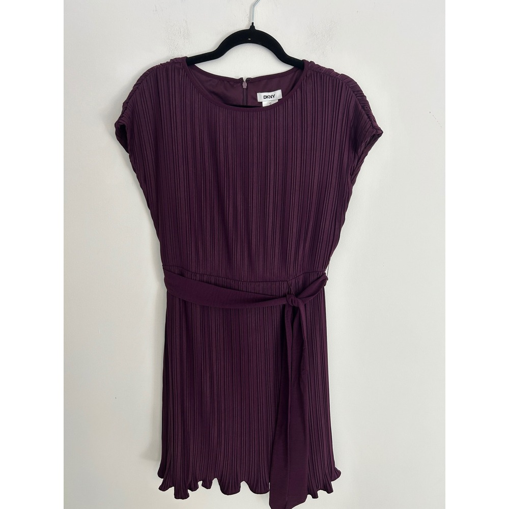 DKNY Women Plum Purple Pleated Mini Dress Sleeveless Belt Sz 6 classy nightmare